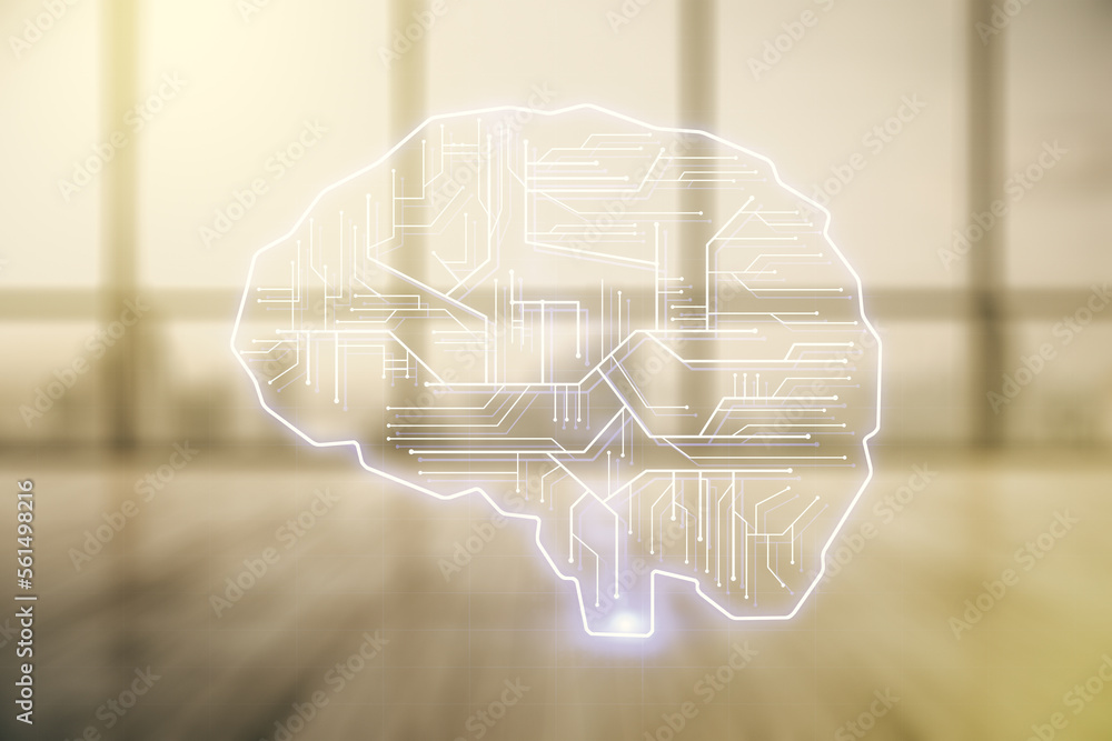 Poster double exposure of creative artificial intelligence interface on empty modern office background. neu