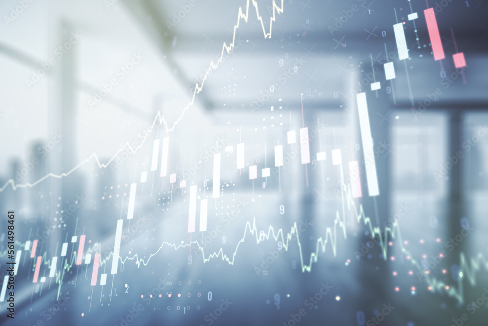 Poster multi exposure of virtual abstract financial diagram on abstract empty interior background, banking 