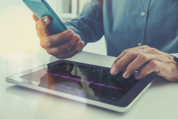 Man playing music on tablet virtual screen. Sharing playlist. Streaming audio broadcast concept.