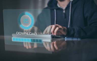 Download progress bar on virtual screen. Sharing software from web. Streaming offline. Cloud concept