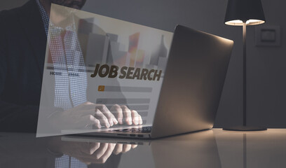 Man search job online on laptop. Find occupation on tablet. Recruitment, business, hiring concept.