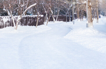 Naklejka premium Hiking trail in snow-covered, beautiful winter landscape on winter day.Snowy tunnel between trees