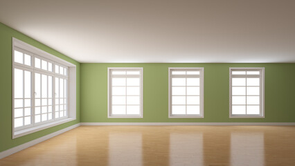 Interior with Light Green Plastered Walls, a Large Window on the Left and Three Windows on the Center. White Plinth and a Light Parquet Floor. Mockup Interior. 3D illustration, 8K Ultra HD, 7680x4320
