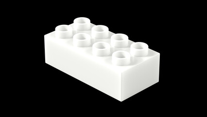 Bright White Plastic Block Isolated on a Black Background. Children Toy Brick, Perspective View. Close Up View of a Game Block for Constructors. 3D illustration with a Work Path. 8K Ultra HD