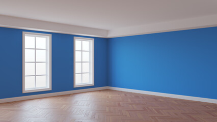 Blue Interior with a White Ceiling and Cornice, Glossy Herringbone Parquet Floor, Two Large Windows and a White Plinth. Unfurnished Interior Concept. 3D illustration. 8K Ultra HD, 7680x4320, 300 dpi