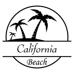 Destino de vacaciones. Logo aislado con texto manuscrito California Beach con silueta de playa con palmeras en círculo