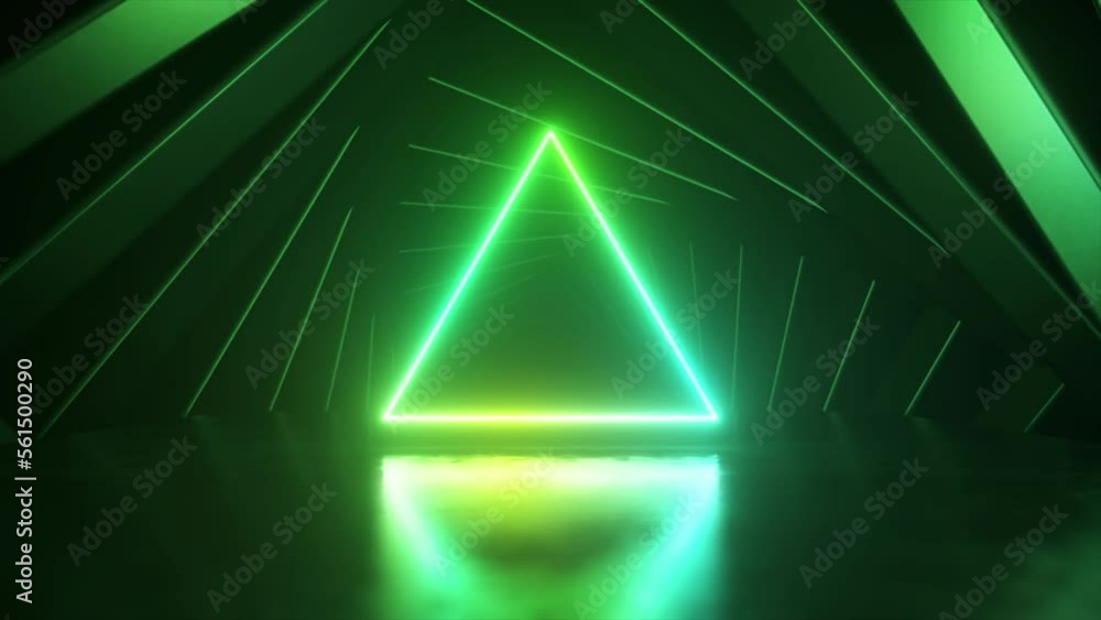 Poster neon green triangle on stage. dark blue square frames rotate in the background to form a tunnel. 3d 