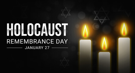 Holocaust remembrance day wallpaper with glowing candles and typography on a black backdrop. Remembering the victim of a holocaust