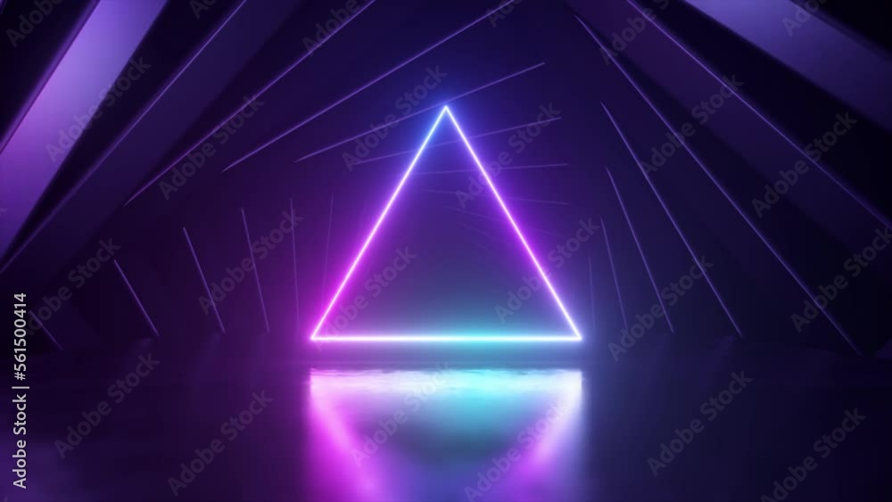 Poster the entrance to the tunnel is in the form of a neon triangle. square frames rotate. futuristic backg
