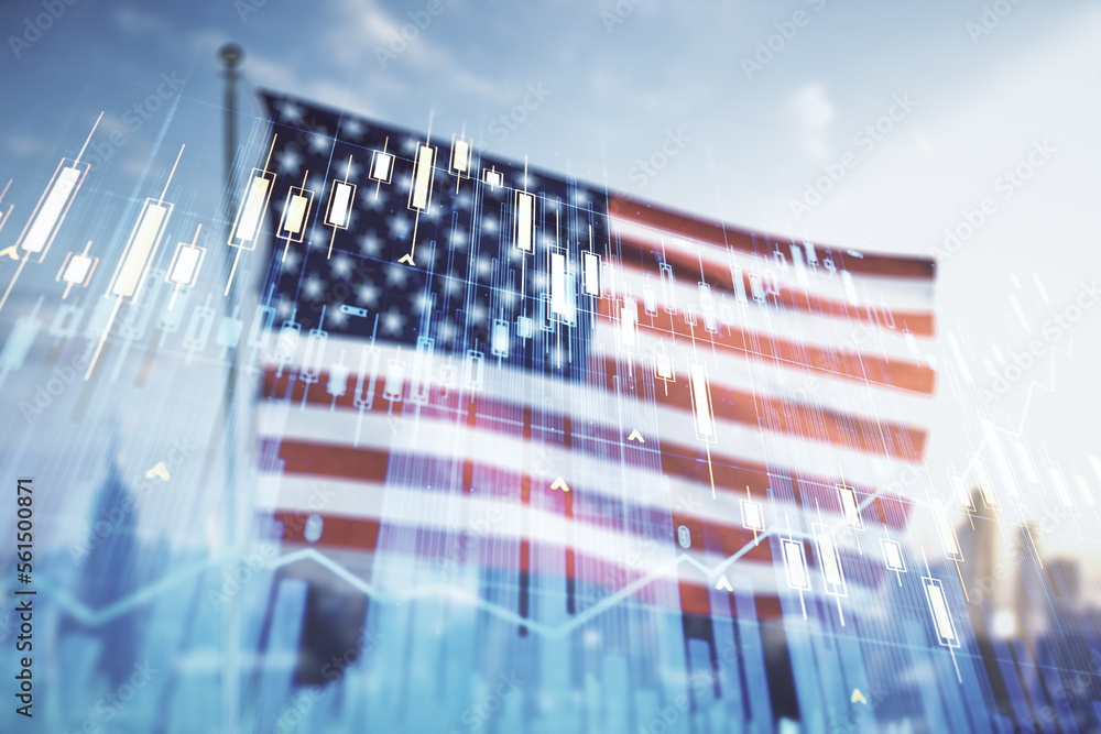 Poster multi exposure of virtual abstract financial graph interface on us flag and skyline background, fina