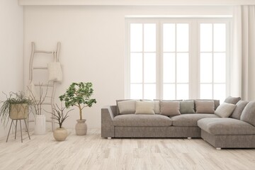 White living room with sofa. Scandinavian interior design. 3D illustration
