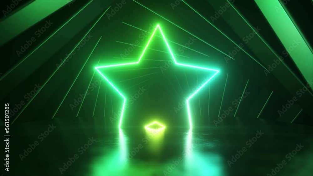 Poster green neon star surrounded by rotating squares. tunnel. scene. disco. 3d animation of seamless loop.