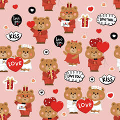 Fototapeta premium Happy Valentine's day seamless pattern with cute bear in red and white costumes, heart, gift and balloon. Animal in love holidays cartoon character and wallpaper. - Vector