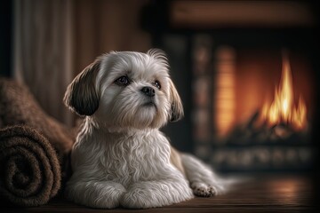 Portrait of a  cream shih tzu in a cabin with a chimney in the background.