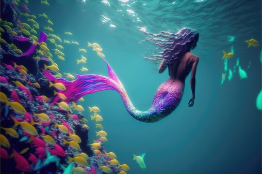 Beautiful multicoloured mermaid or merperson swimming underwater in deep  blue ocean, anthropomorphic, half human, half fish, bright colored banner,  created with generative ai Stock Illustration | Adobe Stock