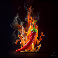 Red chili with burning fire flame on black background. Generative AI
