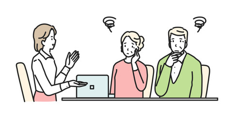 女性に相談をする不安なシニア夫婦