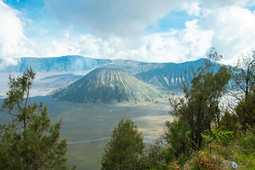 Mount Batok in the Bromo Tengger Semeru National Park area, East Java, Indonesia. foggy and cloudy atmosphere