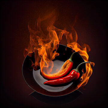 Red chili with burning fire flame in hot pan on black background. Generative AI