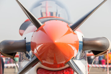 A Shiny Alaskan Plane Propeller. Shallow depth of field image with the front propeller of a light...