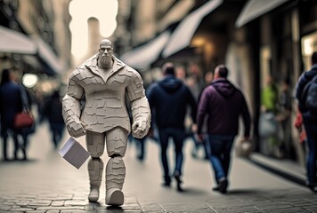 portrait of a paper man walking on urban street with blur crowd of people are rush walking on street in urban city at day time as background, idea for feeling lonely, feel not belonging to anywhere