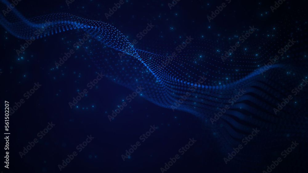 Poster abstract blue wave of dots and flying particles. information cyberspace. illustration of a network c