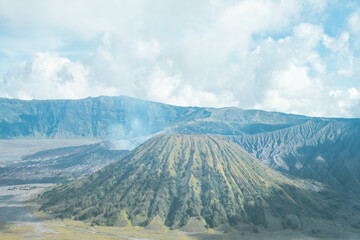 Mount Batok in the Bromo Tengger Semeru National Park area, East Java, Indonesia. foggy and cloudy atmosphere
