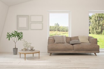 White living room with sofa and summer landscape in window. Scandinavian interior design. 3D illustration