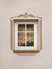 Old vintage wooden window. Travel concept. Traditional European old town building. Old historic architecture