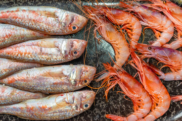 Raw red prawns and red mullet on a plate. Close up shot.