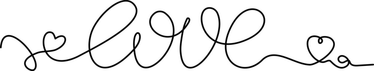 Love lettering. Calligraphic flourish love word. Valentine day hand drawn vintage wedding element. Swirl ornament, line style curls. Outline text divider.
