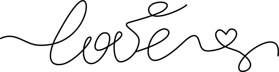 Love lettering. Calligraphic flourish love word. Valentine day hand drawn vintage wedding element. Swirl ornament, line style curls. Outline text divider.