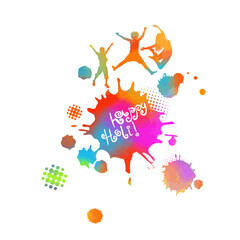 Happy Holi card with kid and blots. Spotted silhouette in iridescent tones on white background. Vector illustration