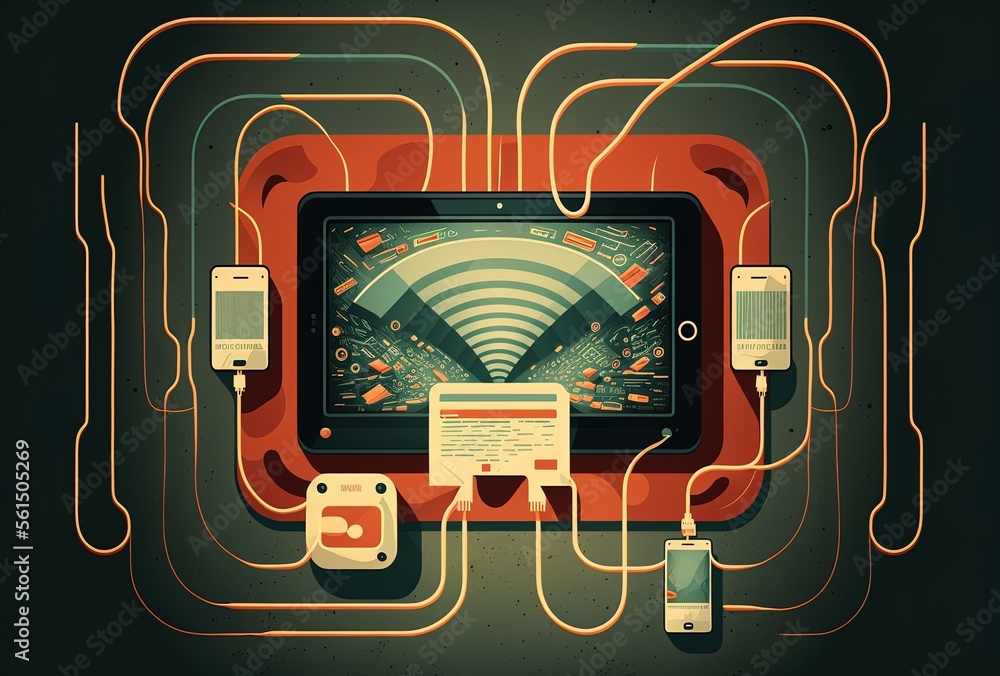 Poster wireless internet data transport in electronic gadgets schematic. generative ai