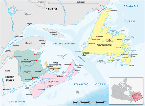 Detailed vector map of the four Canadian maritime provinces