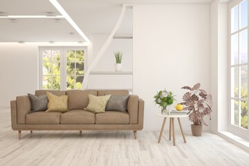 Minimalist living room in white color with sofa and summer landscape in window. Scandinavian interior design. 3D illustration