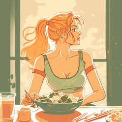 woman_illustration_food_ cartoon_people_table_cafe_kitchen_eat_salad_sportwear_peaceful_drawing_diet_morning_wellbeing_drink