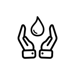 Hands with water line icon. Hands, man, plants, ecology, fauna, flora, planet, careful handling, protection, conservation. nature concept. Vector black line icon on white background