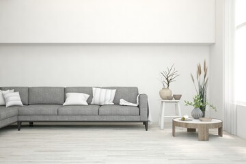 White living room with sofa. Scandinavian interior design. 3D illustration