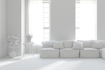 Mock up of minimalist living room in white color with sofa. Scandinavian interior design. 3D illustration