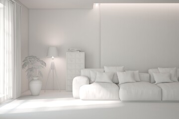 White minimalist living room with sofa. Scandinavian interior design. 3D illustration