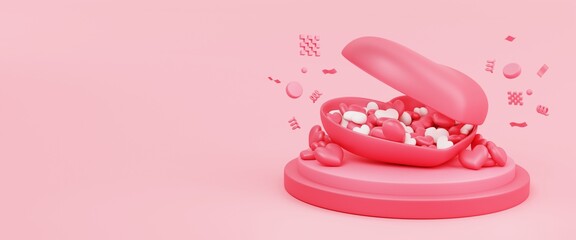 Valentine's day concept. heart filled with hearts on stack podium and floating elements in landscape with copy space 3d illustration.