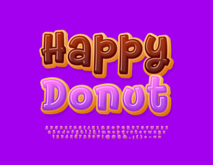 Vector playful emblem Happy Donut. Funny handwritten Font. Sweet Alphabet Letters and Numbers set