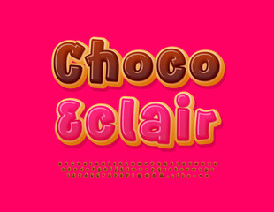 Vector funny Emblem Choco Eclair. Choco icing Font. Flayful style Cake Alphabet Letters and Numbers set