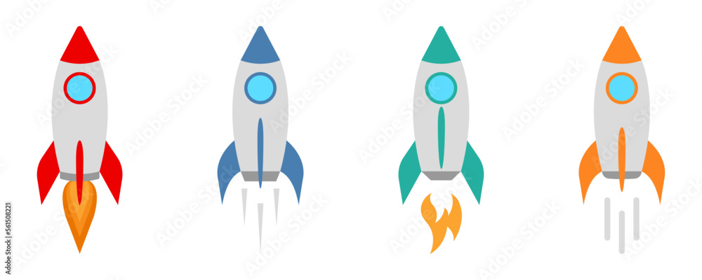 Wall mural set of color rocket vector icons. launch spaceship or spacecraft. rocket fast flying for space. new 