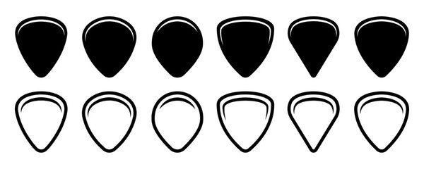 Set of guitar pick vector icons. Black silhouette with guitar pick. Musical plastic equipment.