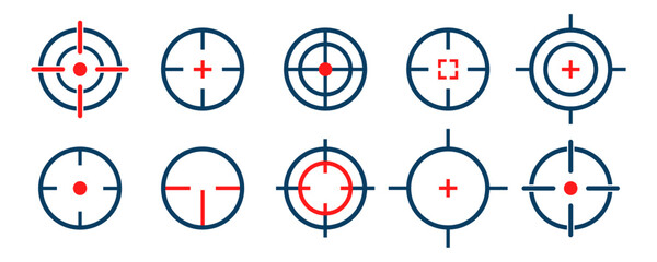 Set of target vector icons. Focus or aiming. Shot on bullseye. Sight sniper. Shot on gun. Marketing success.