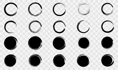 Set of hand drawn black grunge circles brush on transparent background. Abstract round scratched stain. Vector 10 Eps.