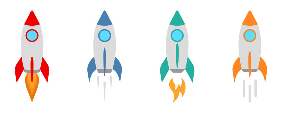 Set of color rocket vector icons. Launch spaceship or spacecraft. Rocket fast flying for space. New business start up. 