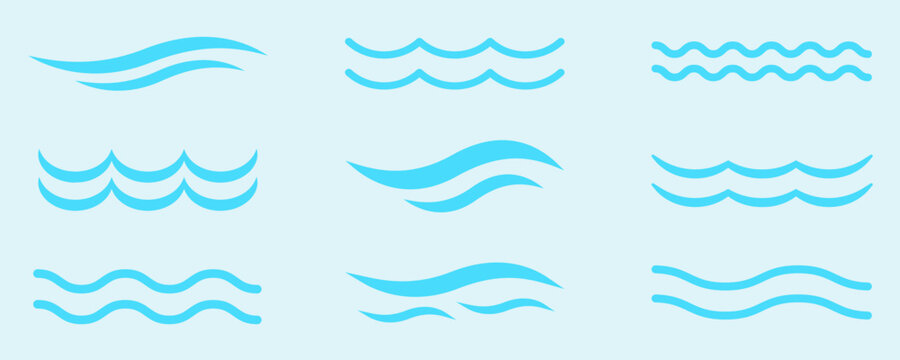 Set of water waves vector icons. Sea and ocean blue waves. Vector 10 Eps.